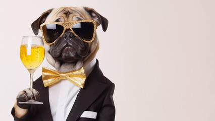 Pug in Sparkling Tuxedo with Gold Sunglasses, Celebrating the Holiday Season with Champagne – Festive Christmas and New Year's Canine Style