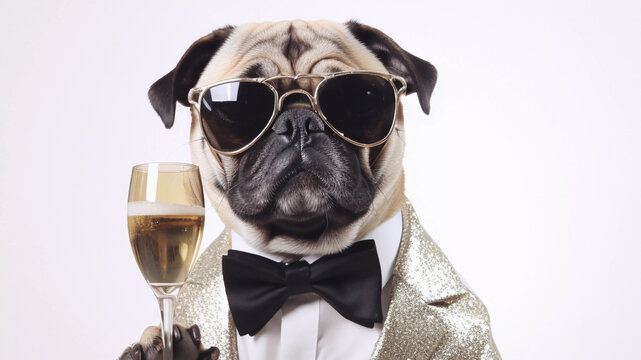Pug in Sparkling Tuxedo with Gold Sunglasses, Celebrating the Holiday Season with Champagne – Festive Christmas and New Year's Canine Style