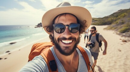 Handsome Man in Hat and Sunglasses Taking Selfie on Beach Vacation. Generative ai