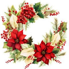 Christmas wreath from winter greenery decoration with holly, red berries, Illustration for design for New Year, Yule, Noel 