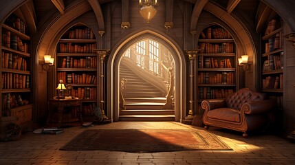 A library with a secret door leading to a reading nook. - obrazy, fototapety, plakaty