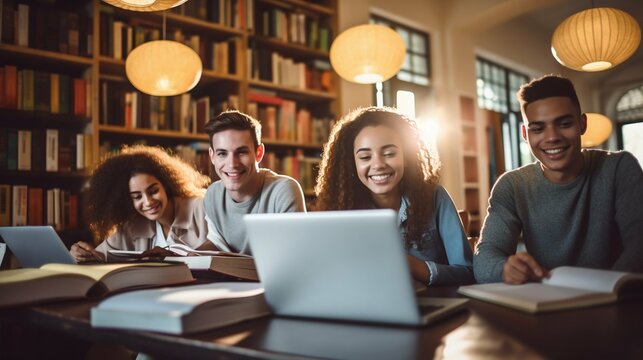 University Students Collaborating in Library Study Session. Generative ai