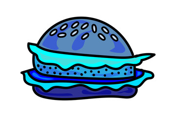 Cool blue cartoon burger. Fast food. Yummy vector illustration. Bright meal. Cooking and kitchen. Dinner.