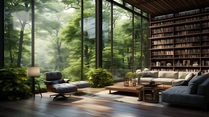 A library with floor-to-ceiling windows and a view of nature.