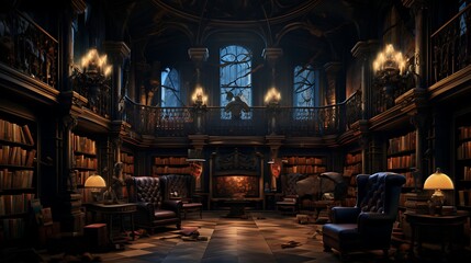 A library with a section for horror fiction and spooky tales. - obrazy, fototapety, plakaty