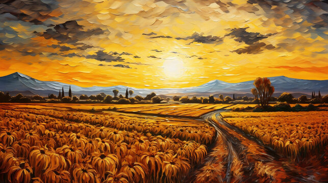 Vincent van gogh style painting with beautiful colours - Sunny day with yellow field on a relaxing farm - Large texan farm with nice weather and big sunrise - Beautiful autumn landcape van gogh style