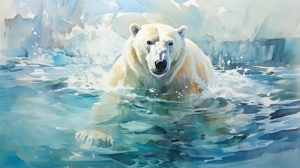 Lonely polar bear swims in ice cold water between snow rocks, watercolor - obrazy, fototapety, plakaty
