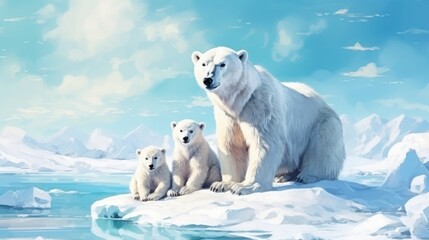 Female polar bear with cubs on an ice floe, icy mountains in the background, watercolors