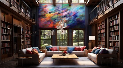 A library with colorful, abstract art on the walls.