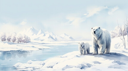 Female polar bear with her cub on a snowbank, snowy mountains in the background, watercolor