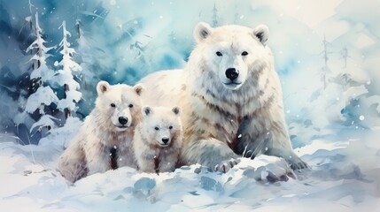 Gentle giants in winter dress: A polar bear and her cubs in the snowy pine forest, watercolor
