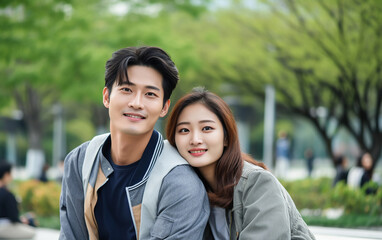 Fototapeta premium Asian couple spending time in town park