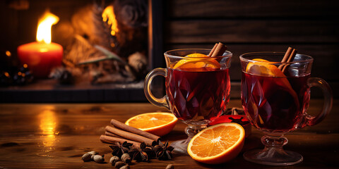 Two glasses of mulled wine on a wooden table against the background of a fireplace