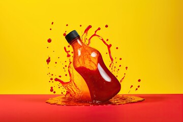 Bottle with red liquid on yellow background, tasty sauce