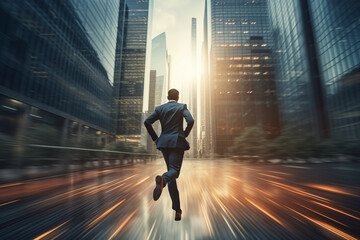 A businessman runs as fast as he can through an office building street in order to successfully plan an innovative idea. Concept for achieving business goals and not missing out on business opportunit