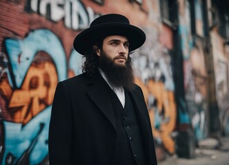 Elegant Hasidic Man in Traditional Attire Posing Confidently Before a Vibrant Urban Graffiti Wall, Showcasing Cultural Identity and Modern Street Art Contrast