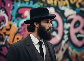 Elegant Hasidic Man in Traditional Attire Posing Confidently Before a Vibrant Urban Graffiti Wall, Showcasing Cultural Identity and Modern Street Art Contrast