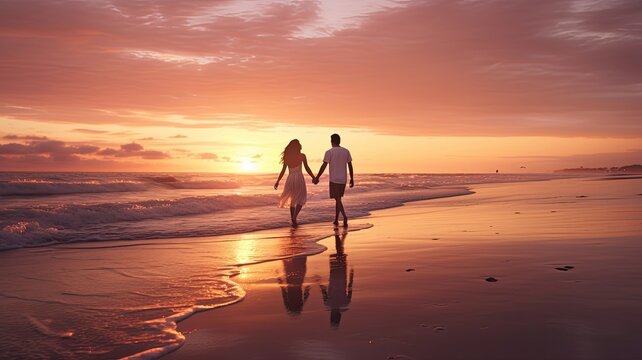A couple walking along the water's edge at sunset, showcasing the romance of beach sunsets