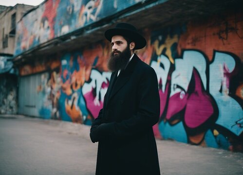 Elegant Hasidic Man in Traditional Attire Posing Confidently Before a Vibrant Urban Graffiti Wall, Showcasing Cultural Identity and Modern Street Art Contrast