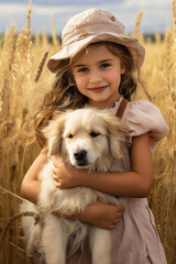 A little girl hugs a dog in a field on a summer day.Generative AI