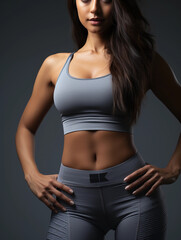 Fototapeta na wymiar a beautiful sports girl with a good figure, a muscular, healthy female body, a sporty stomach. dressed in a gray tracksuit on a dark background
