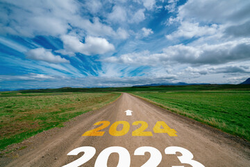 2024 New Year road trip travel and future vision concept . Nature landscape with highway road...