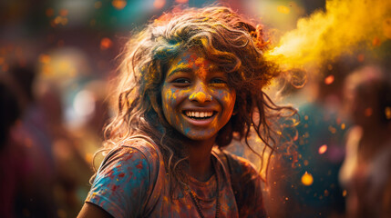 A happy young Indian woman at the Holi festival