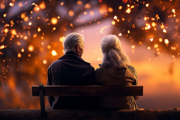 Old grandmother and grandfather, grandparents, grandma amd grandpa look at sunset. pensioners retirees senor and senorita happy sad old age. - obrazy, fototapety, plakaty