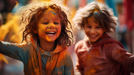 Happy children, boys at the Holi festival