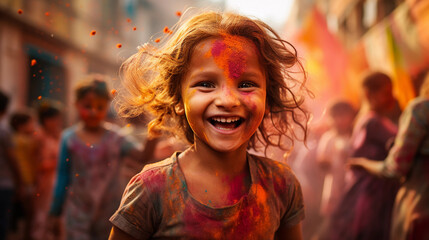 Obraz premium A happy child, a girl, at the Holi festival