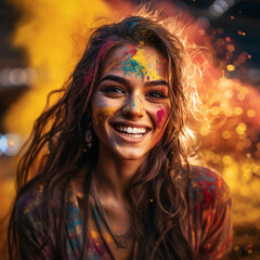 A happy young woman at the Holi festival