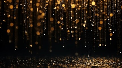 Golden glitter rain, gold particles glow with falling snow bokeh light effect. Golden sparks splash, shimmer glow flow on black background. Magic concept. New Year concept. Celebrate concept. - obrazy, fototapety, plakaty
