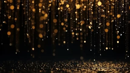 Foto op Plexiglas Golden glitter rain, gold particles glow with falling snow bokeh light effect. Golden sparks splash, shimmer glow flow on black background. Magic concept. New Year concept. Celebrate concept. © IC Production