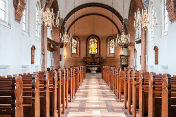 Interior of a nice and simple Protestant church in a Danish town.