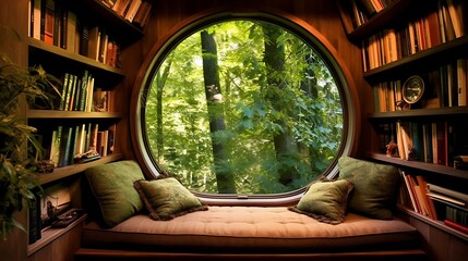 A library with a cozy reading nook in a turret or alcove.