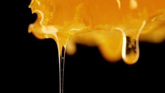 Honey dripping from honeycombs extreme macro.Natural bees wax cells, gold nectar