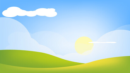 Green grass hill landscape with sunny white cloud blue sky background, likely freshy time concept, nature morning template texture, vector