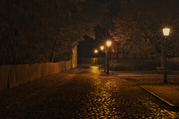 Street in Night - Strasse - Kopfsteinpflaster - Gasse - Laterne - Dunst - Nebel - Licht - Baruth -...