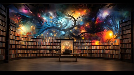 A library with a digital art installation on one of the walls.