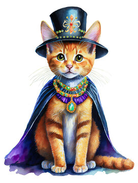 Cute ginger tabby kitten in costume, wearing a stylish cloak,  elegant hat dressed up for New Years, Valentine or black tie dressy party invite, greeting card, design cutout isolated on white.