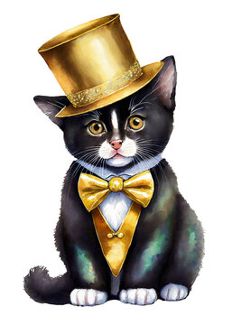 Cute chubby black Bombay kitten wearing a gold tuxedo and top hat to match his eyes. Adorable cat for New Years, Valentines Day or party card invite background; transparent png isolated cut out.