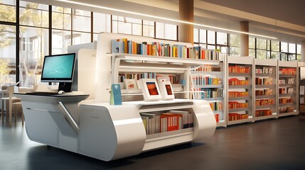 A library with a modern, high-tech book checkout system.