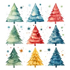 Obraz premium Colorful watercolor Christmas trees with snowflakes and stars. Festive watercolor pine trees with seasonal cheer.