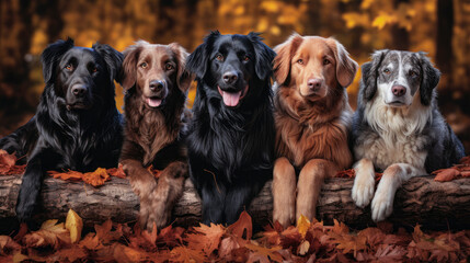 Group of dogs in autumn leaves generative ai