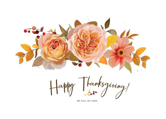 Happy Thanksgiving greeting card design. Editable watercolor vector floral bouquet. Fall, botanical peach rose flowers, dahlia, red berries and yellow eucalyptus leaves. Elegant, isolated illustration