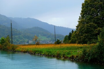 Obraz premium Landscape of a bay with trees and mountain, Switzerland 1