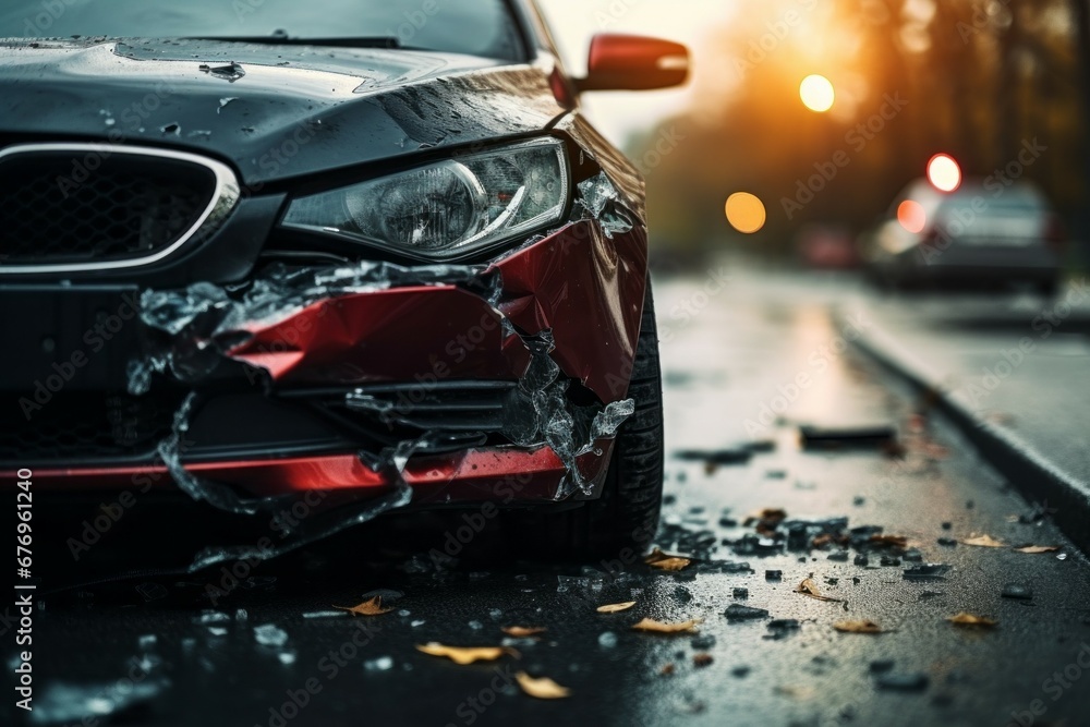 Poster broken car in an accident. crash on the road. background with selective focus and copy space