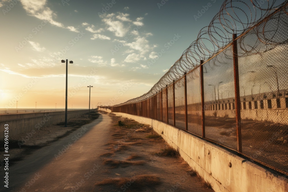 Poster fence with barbed wire. prison or border. background with selective focus and copy space