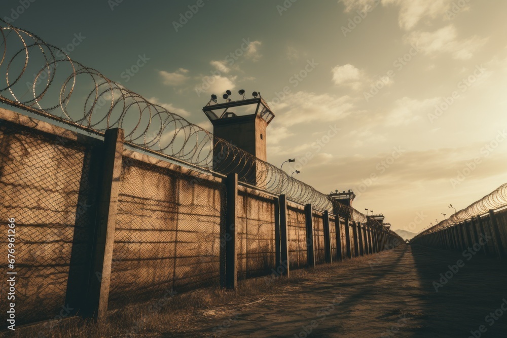 Poster prison perimeter fence. background with selective focus and copy space