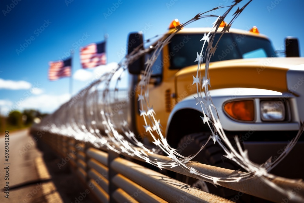 Poster unfocused trucks at customs control of the state border. background with selective focus and copy sp